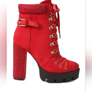 Red Lace-Up Platform Birch Diamante Block Heeled Ankle Boots Womens 8